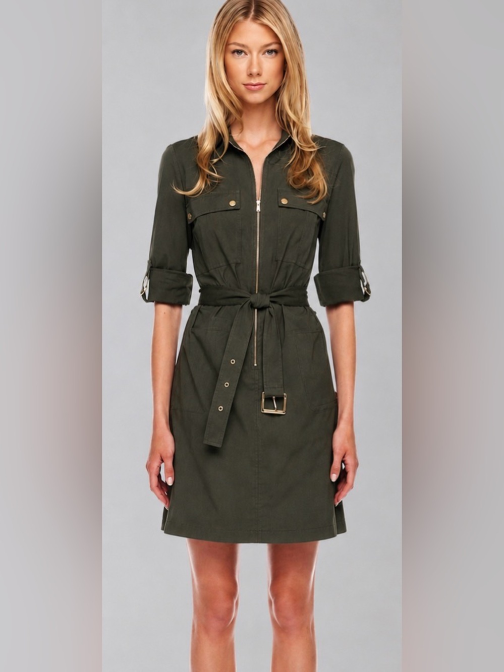 NWOT Michael Kors Olive Green Zip Up Shirt Dress, Size Medium, circa 2016/2017